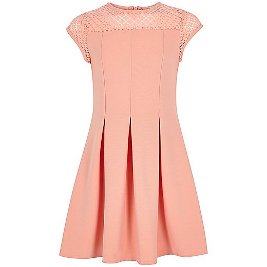 Girls coral lace skater dress   River Island  