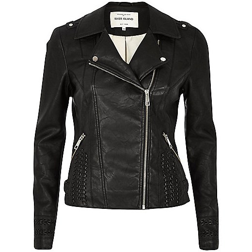 Black leather look whipstitch biker jacket 