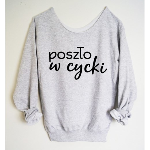 Bluza z szerokim dekoltem "POSZŁO W CYCKI" szary Time For Fashion