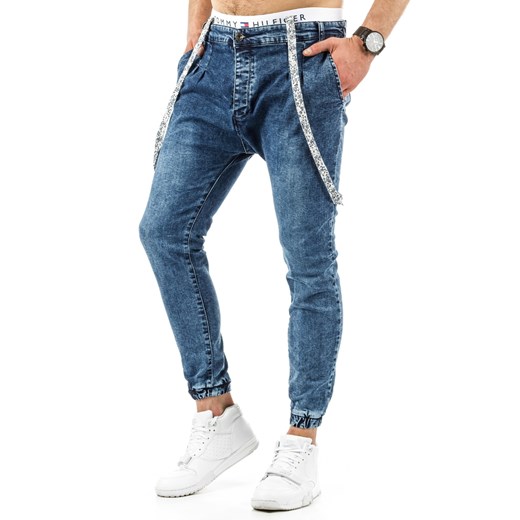 Spodnie joggery męskie granatowe (ux0672) niebieski Jeans M DSTREET