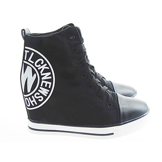 Trampki na koturnie SNEAKERSY czarne New Tlck szary Family Shoes