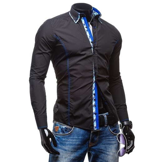 Czarno-niebieska koszula męska elegancka z długim rękawem Denley 0746
