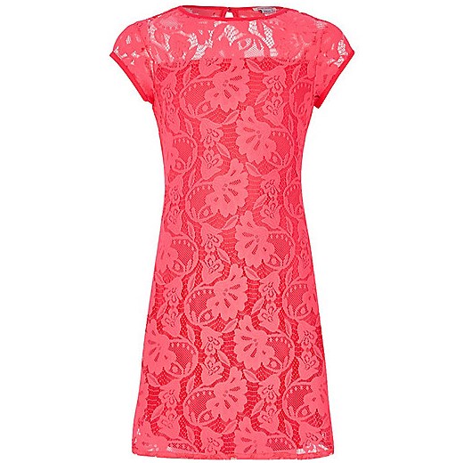 Girls coral pink lace dress   River Island  