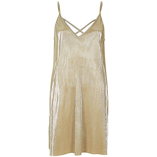Gold pleated cami swing dress   River Island  