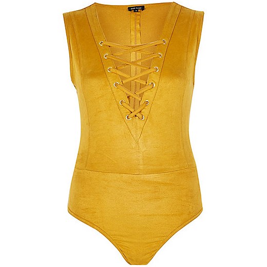 Dark yellow sleeveless lace-up bodysuit  zolty River Island  