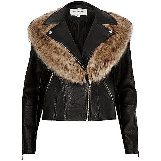 Black faux fur collar biker jacket  brazowy River Island  