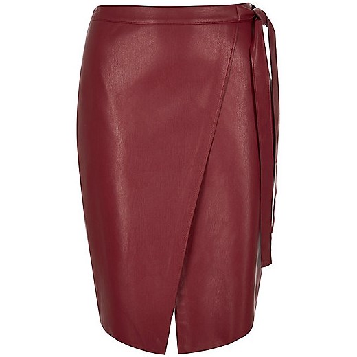 Red leather look wrap midi skirt   River Island  