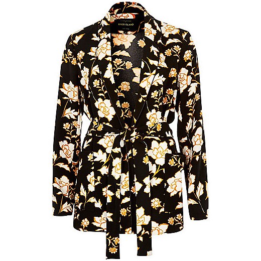 Black floral print belted jacket 