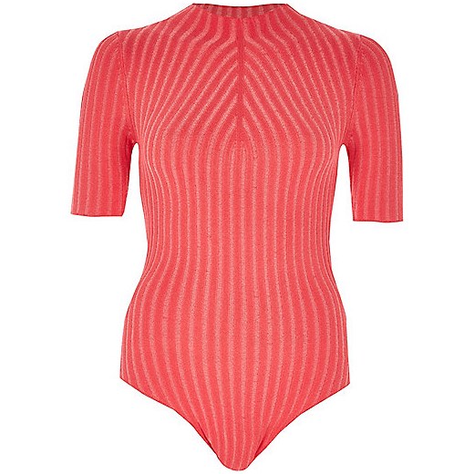 Bright pink ribbed high neck bodysuit  rozowy River Island  