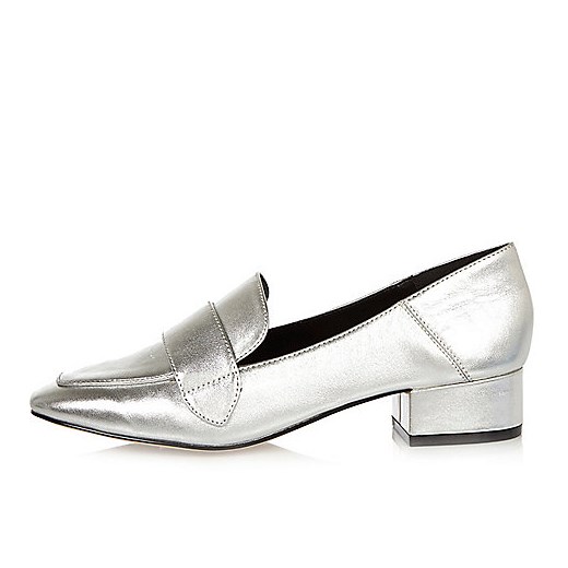 Silver leather block heel loafers  River Island bialy  