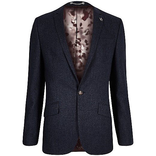 Navy wool-blend skinny suit jacket 