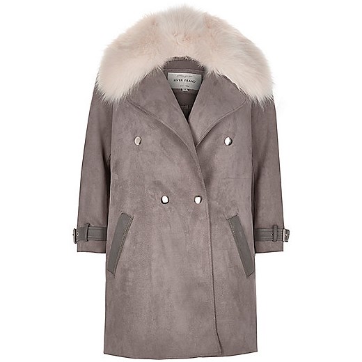 Grey faux fur collar coat  River Island brazowy  