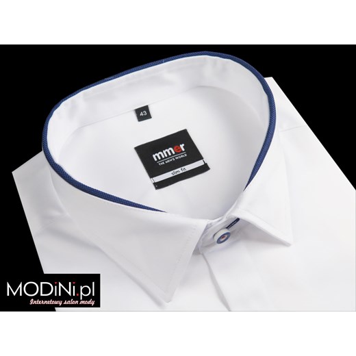 Biała koszula z długim rękawem - granatowe kontrasty 885 szary Mmer - Koszule Męskie 176-182 / 44-Slim okazja Modini 