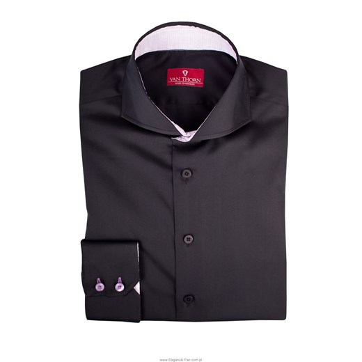 Elegancka czarna koszula męska VAN THORN z wstawkami we fioletową kratkę - SLIM FIT