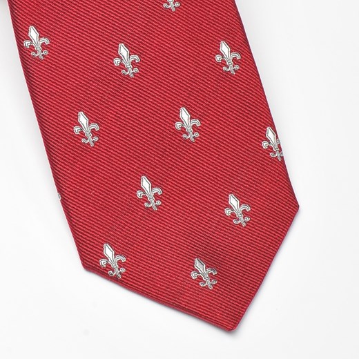 Elegancki czerwony krawat jedwabny Ascot w srebrne lilijki