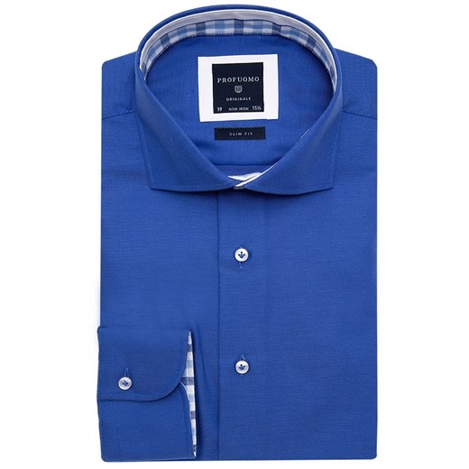 Niebieska modna koszula męska taliowana (SLIM FIT) z kontrastami w kratę