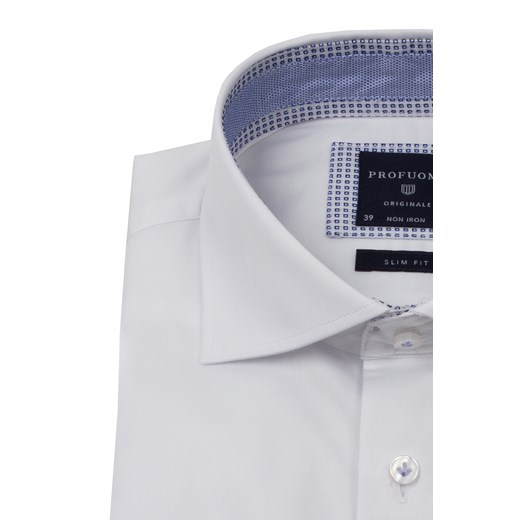 Elegancka biała koszula męska taliowana (SLIM FIT) z kontrastami w niebieskie kwadraciki i kółeczka