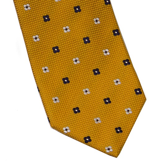 Elegancki żółty krawat jedwabny Van Thorn w granatowe i białe kwiatuszki