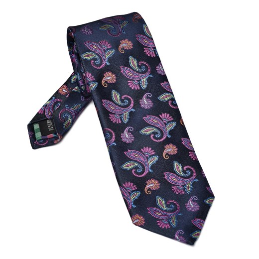 Elegancki DŁUGI granatowy jedwabny krawat Hemley w kolorowe paisley