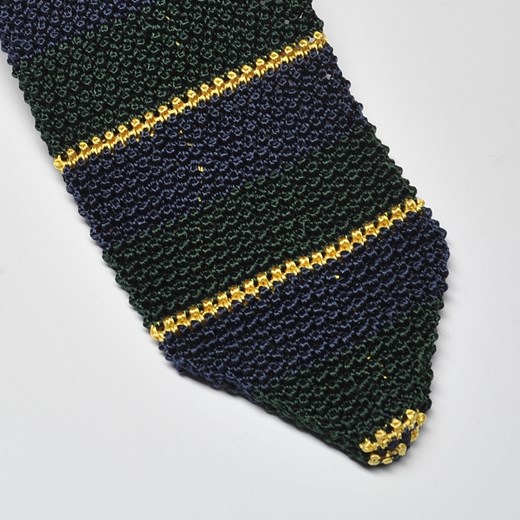 Krawat z dzianiny (knit) w granatowe, zielone i żółte paski