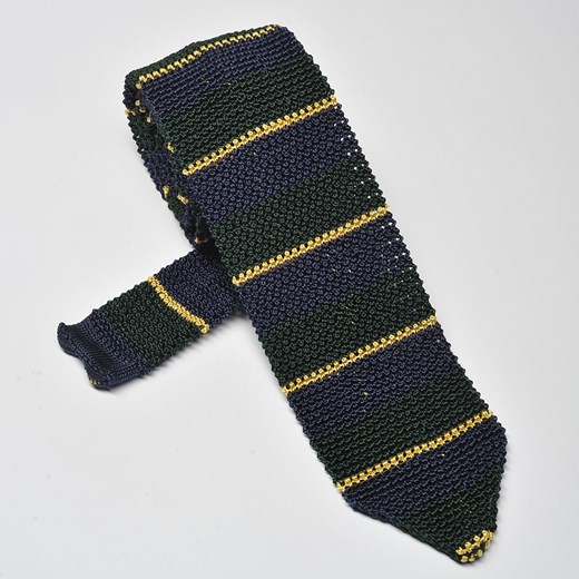 Krawat z dzianiny (knit) w granatowe, zielone i żółte paski