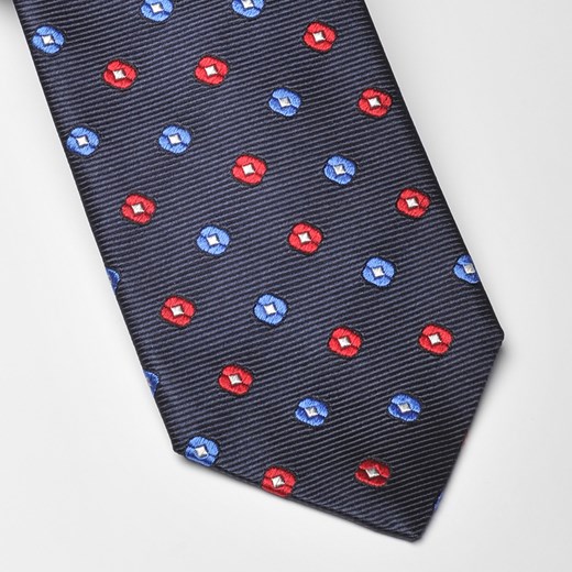 DŁUGI granatowy krawat jedwabny Hemley w czerwony i błękitny wzór