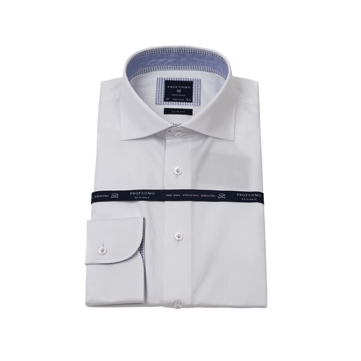 Elegancka biała koszula męska taliowana (SLIM FIT) z kontrastami w niebieskie kwadraciki i kółeczka