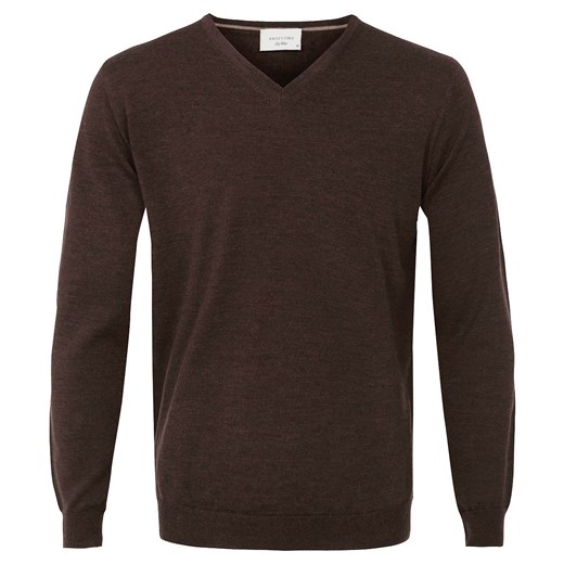 Sweter / pulower v-neck z wełny z merynosów brązowy