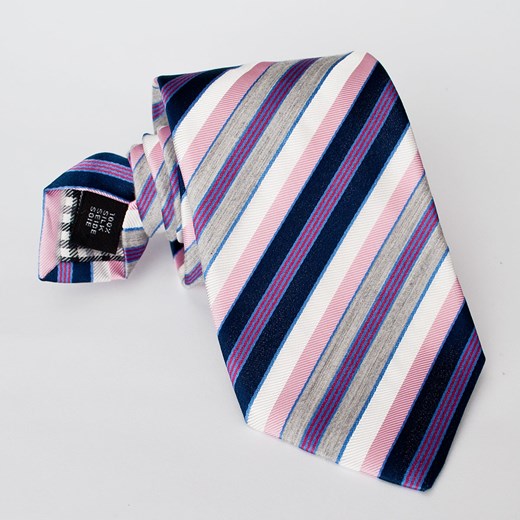 Elegancki krawat jedwabny Hemley w paski białe, różowe, granatowe i szare