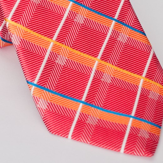 Elegancki krawat jedwabny Hemley czerwony w pomarańczowo niebiesko żółtą kratkę