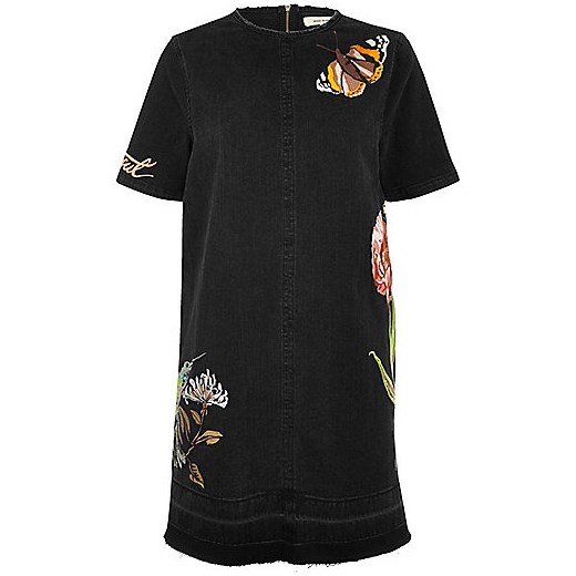 Black washed embroidered T-shirt denim dress  River Island czarny  