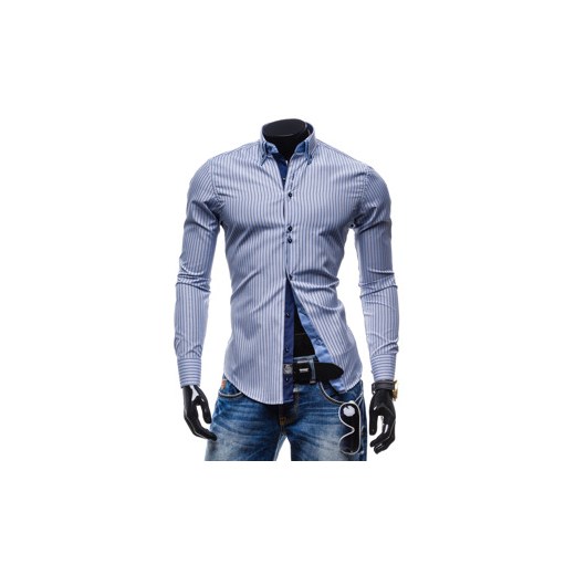 Błękitna koszula męska elegancka w paski z długim rękawem Denley 5716