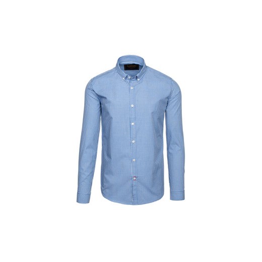 Koszula męska elegancka w kratę z długim rękawem niebieska Denley 9660
