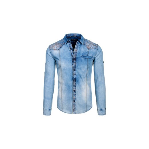 Koszula męska jeansowa we wzory z długim rękawem błękitna Denley 6293
