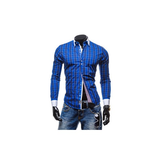 Kobaltowa koszula męska w kratę z długim rękawem Denley 5740