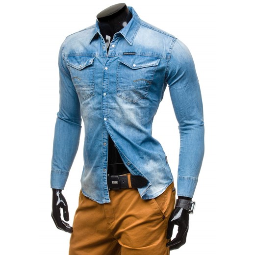 Błękitna koszula męska jeansowa z długim rękawem Denley 4419