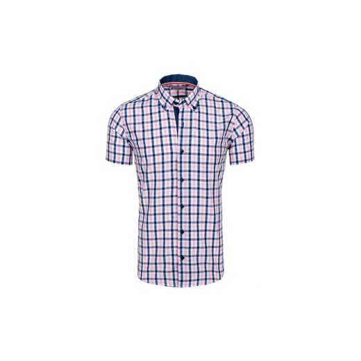 Granatowo-bordowa koszula męska w kratę z krótkim rękawem Denley 02