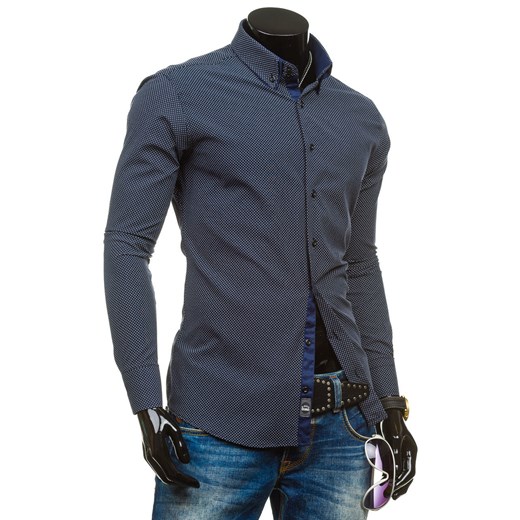Granatowa koszula męska elegancka we wzory z długim rękawem Denley 3535