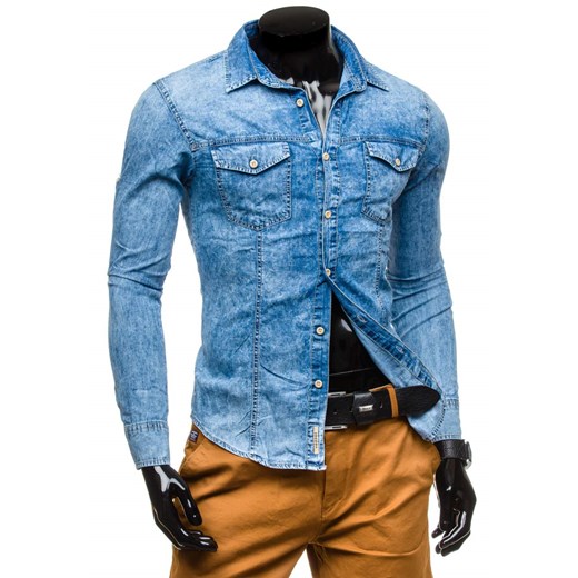 Niebieska koszula męska jeansowa we wzory z długim rękawem Denley 4473