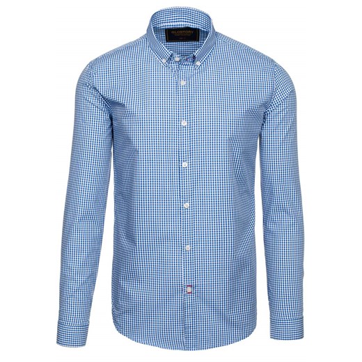 Koszula męska elegancka w kratę z długim rękawem niebieska Denley 9660