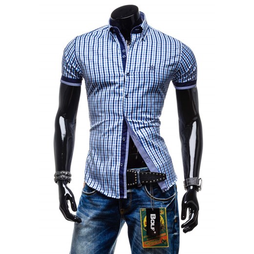 Koszula męska w kratę z krótkim rękawem błękitna Bolf 4510
