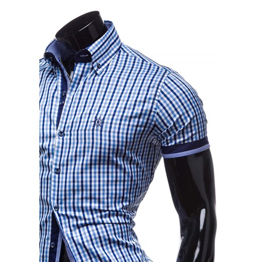 Koszula męska w kratę z krótkim rękawem błękitna Bolf 4510