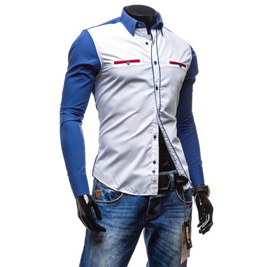 Biało-niebieska  koszula męska z długim rękawem Bolf 5725