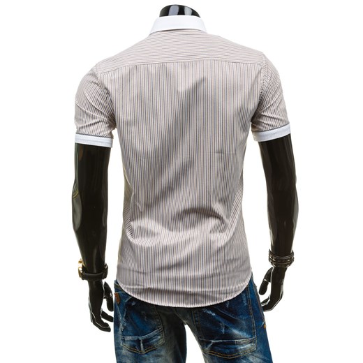 Beżowa koszula męska w paski z krótkim rękawem Denley 6508