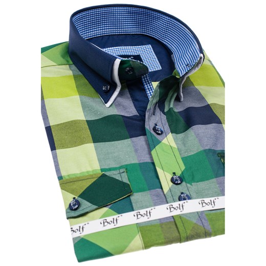 Zielona koszula męska w kratę z krótkim rękawem Bolf 6523