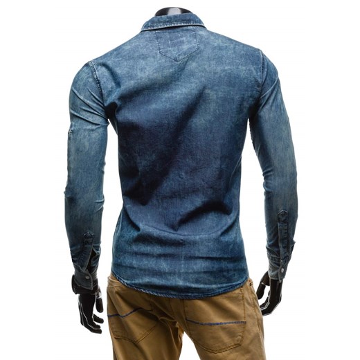 Granatowa koszula męska jeansowa we wzory z długim rękawem Denley 3004