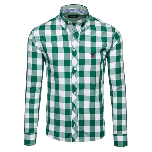 Zielona koszula męska w kratę z długim rękawem Denley 6888