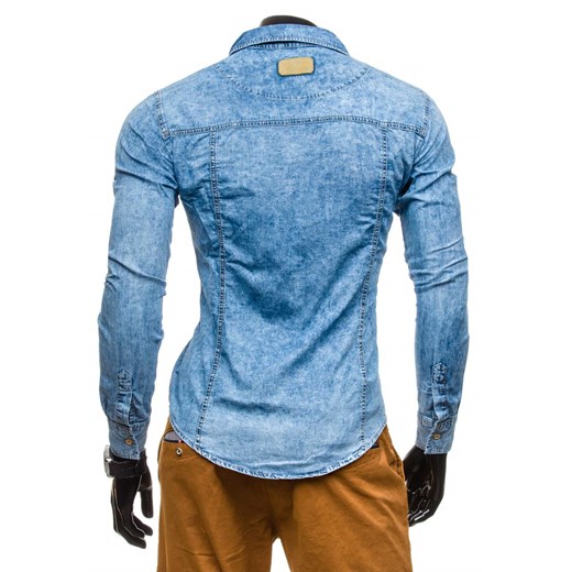 Niebieska koszula męska jeansowa we wzory z długim rękawem Denley 4473