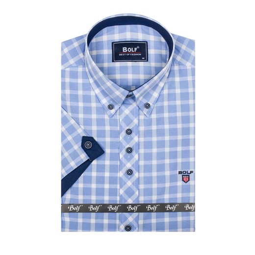 Błękitna koszula męska w kratę z krótkim rękawem Bolf 6514