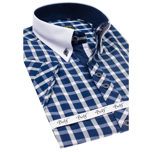 Granatowa koszula męska elegancka w kratę z krótkim rękawem Bolf 5531
